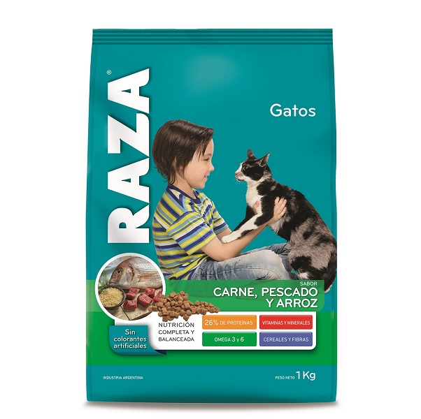 GATOS ADULTOS CARNE PESCADO ARROZ 16 UNID. X 1 KG. - RAZA